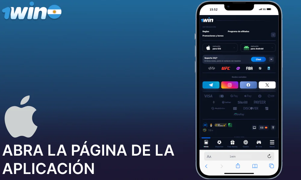 Abra la página de la aplicación de 1win